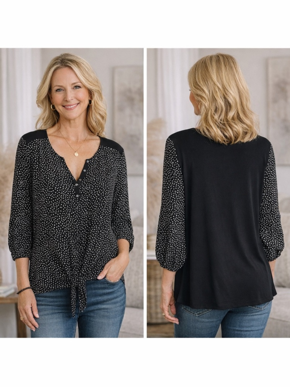Chico’s Women’s All Over Dots The Front Rivet Shirt 3/4 Sleeves Size 1